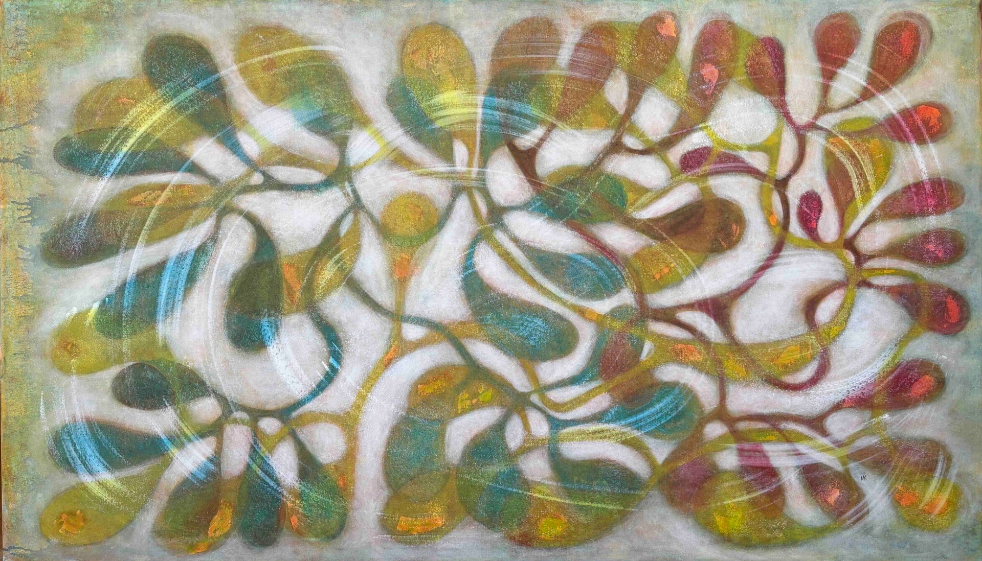 Acrylic on canvas. Abstract painting with swirling white petals, green and yellow leaves, and red accents across a textured background.