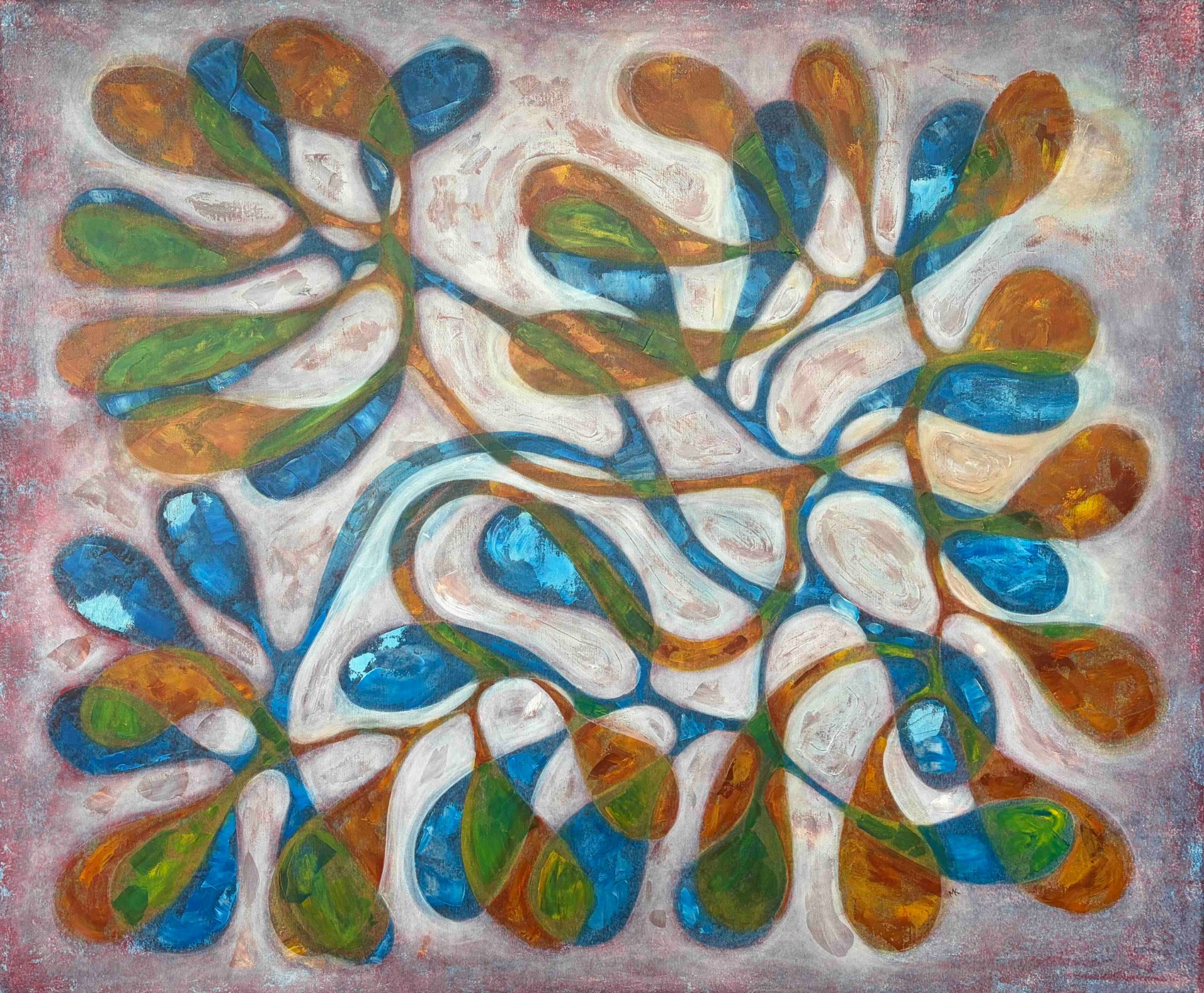 Acrylic, charcoal, canvas. Abstract painting with colorful blue, green, and orange leaf-like shapes on an uneven white background.