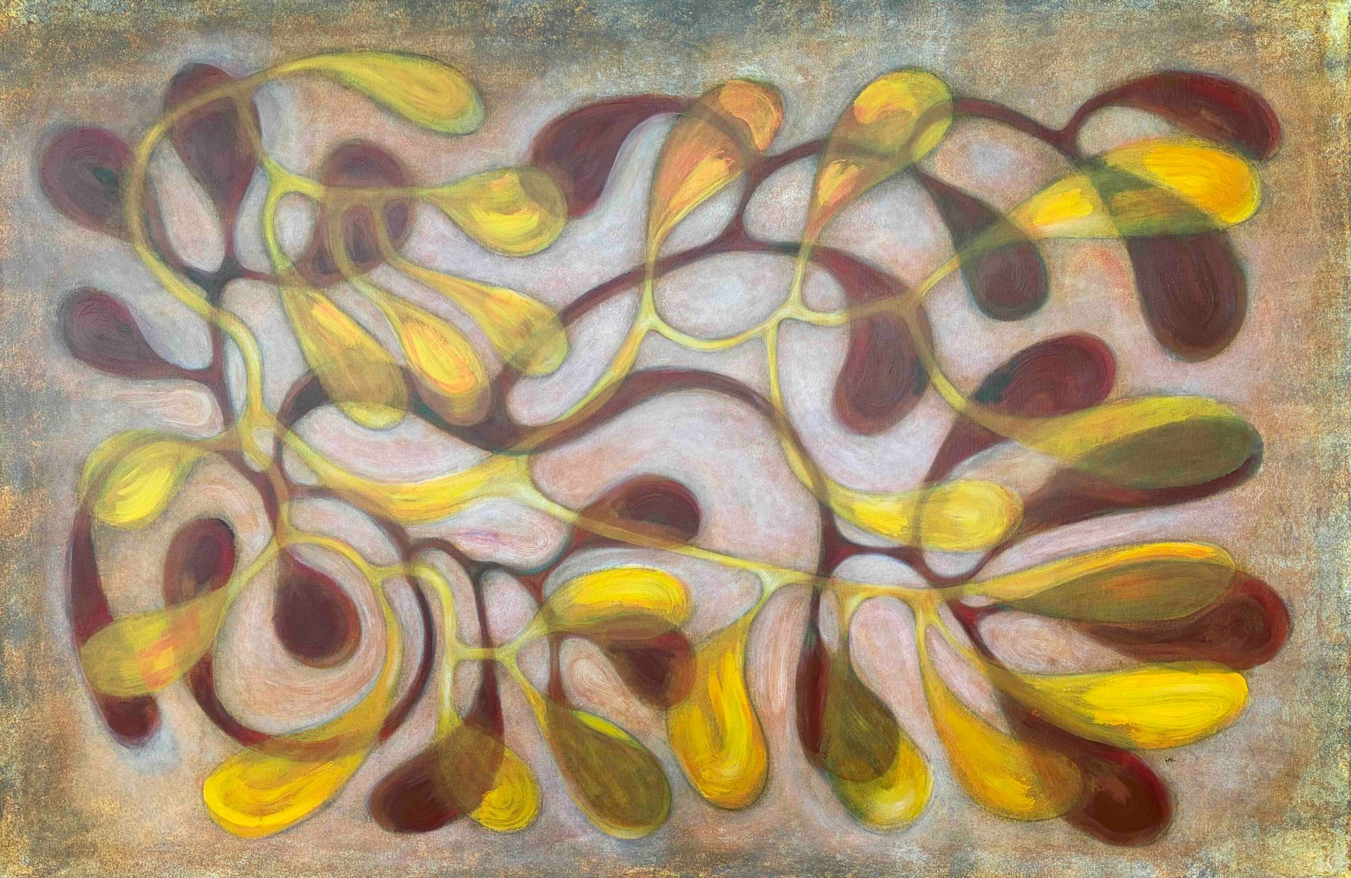 Acrylic, charcoal, oil stick on canvas. Mixed media. Abstract painting with overlapping maroon, yellow, and green ribbon-like shapes across a textured gray background.