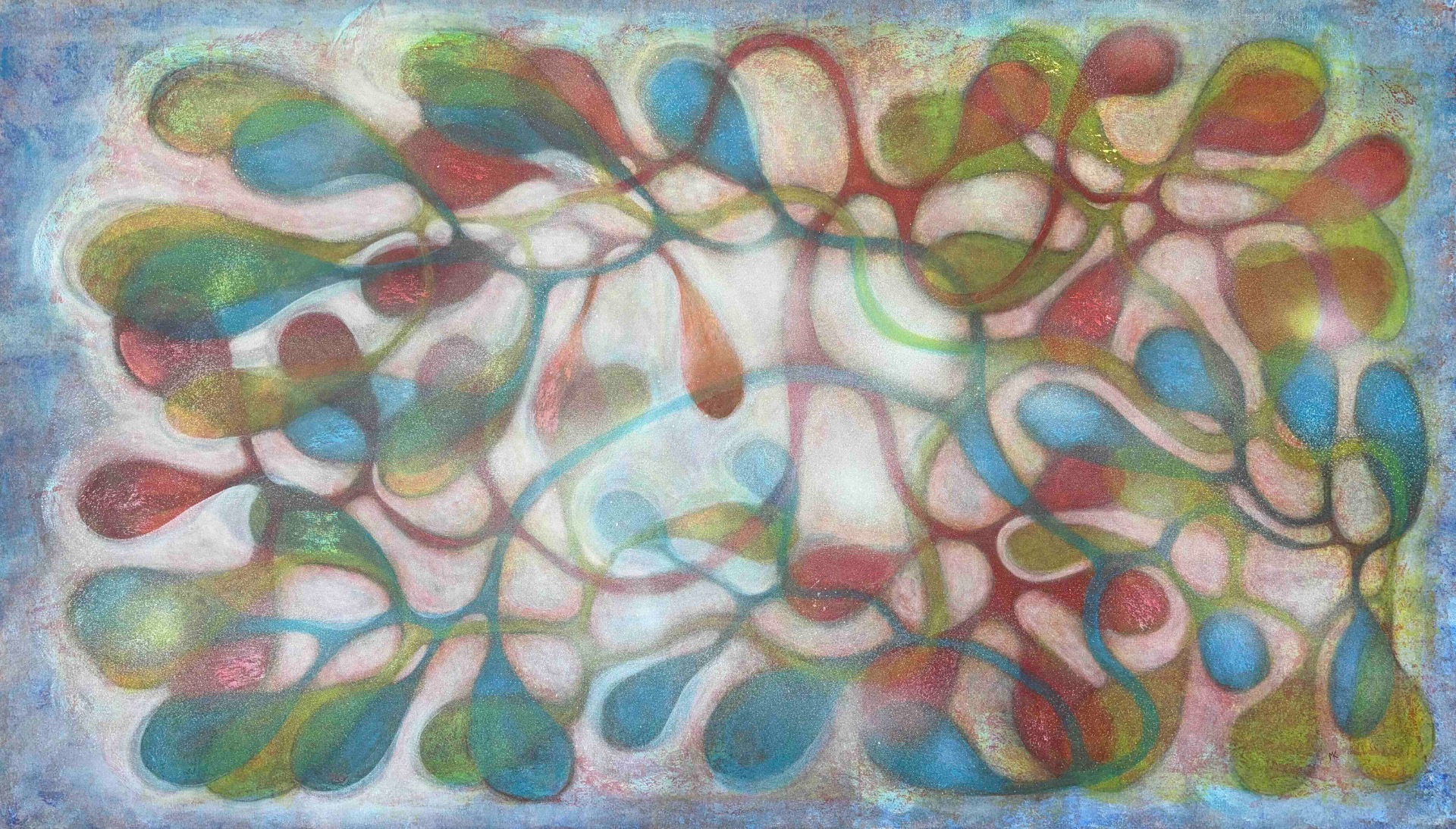 Colorful abstract painting with abstract figures in blue, green, red, and yellow on light background.