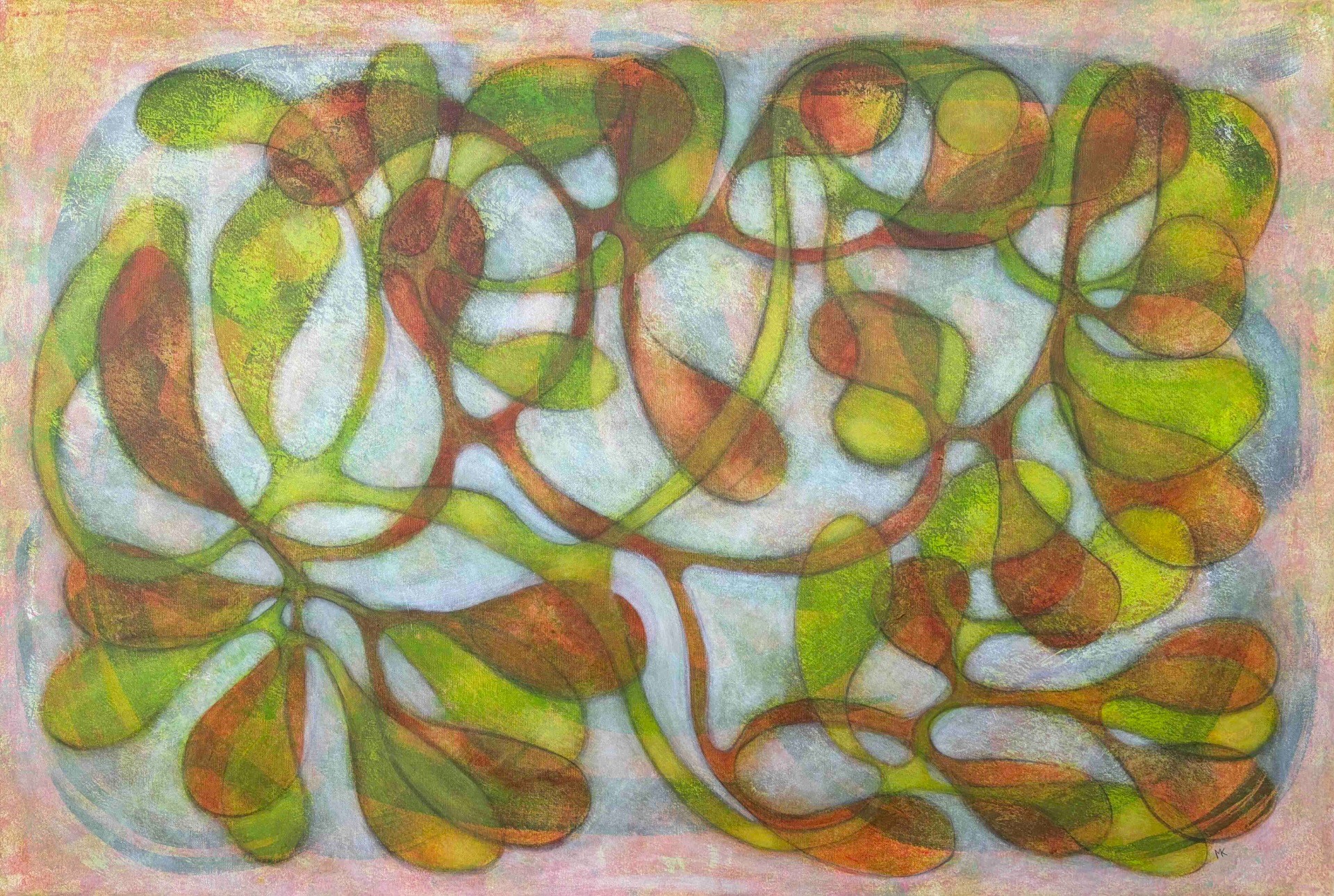 Acrylic, charcoal, canvas. Abstract painting with green, yellow, and redbrown shapes on a light blue  background.