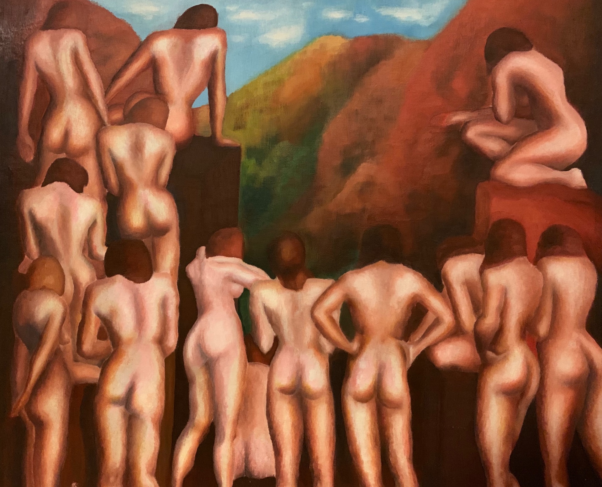 Surreal painting of nude figures clustered on both sides, reaching toward each other against a landscape backdrop.