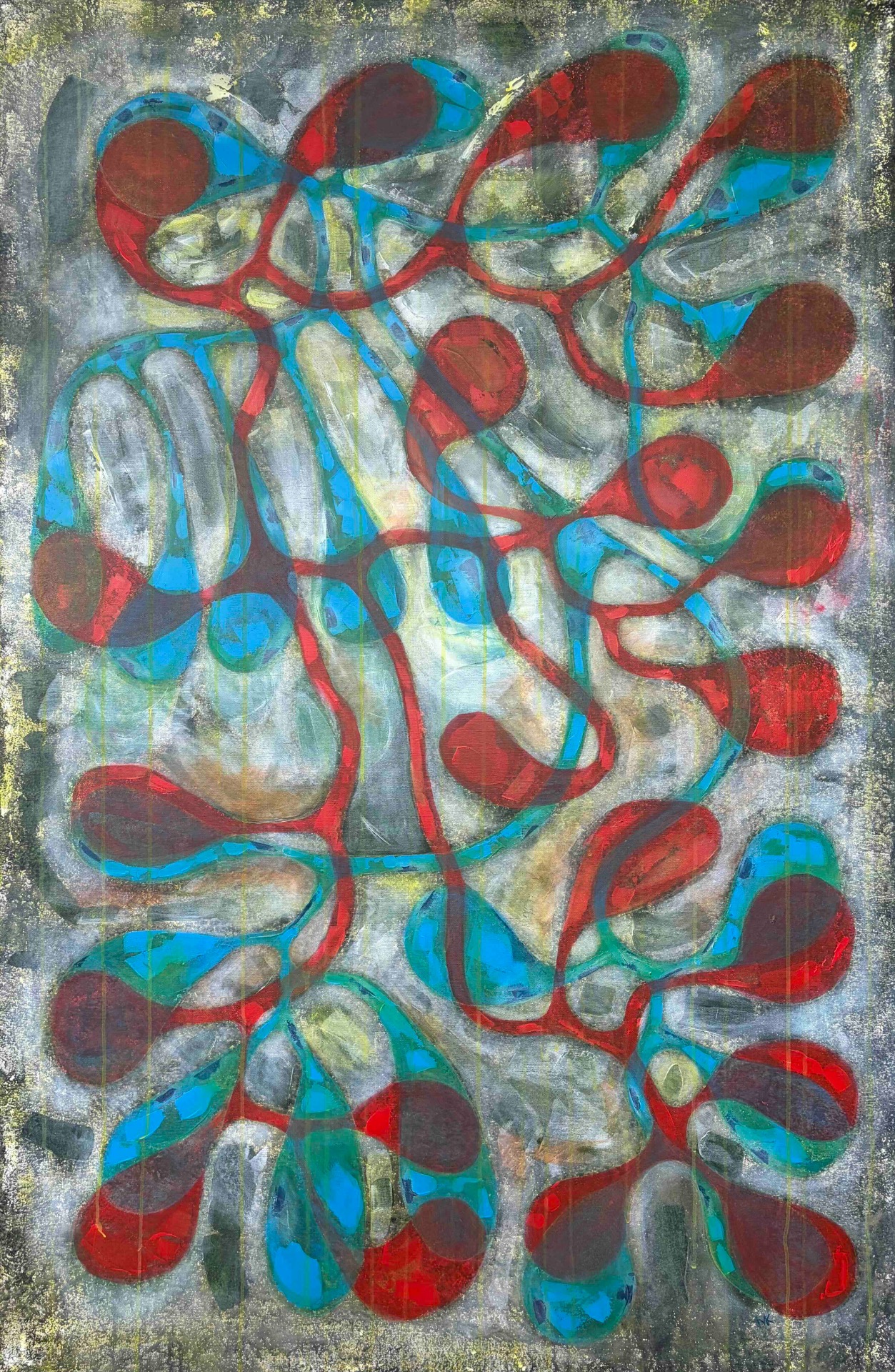 Abstract  painting with layered red and blue abstract figures over textured gray background.